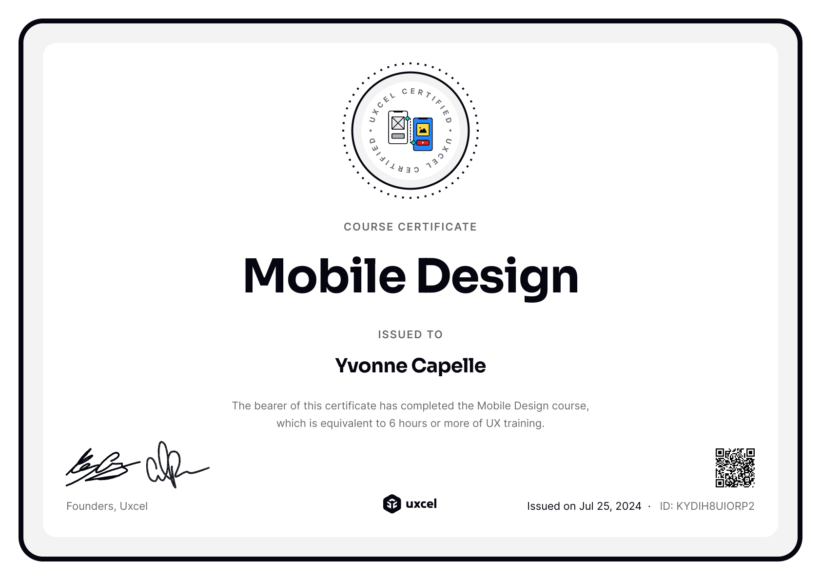 Yvonne Capelle's certificate